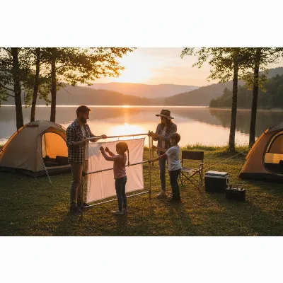 Family setting up a portable foldable frame projector screen at a lakeside campsite during sunset, working together