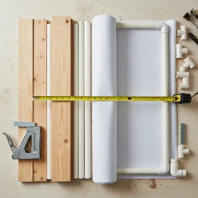 Various affordable materials for DIY projector screens, including wooden boards, PVC pipes, and a roll of white blackout cloth.