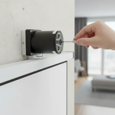 Adjusting limit switches on an electric projector screen's motor.