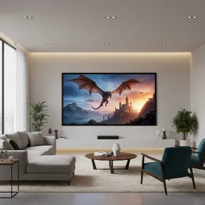 Elite Screens Aeon Edge-Free fixed frame projector screen in a modern living room, displaying vibrant content.