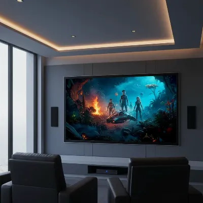 A modern fixed-frame high contrast ALR projector screen mounted in a dedicated home theater room with some ambient light, showcasing a vivid image.