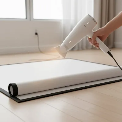 A person carefully using a hairdryer on the backside of a projector screen to remove wrinkles with gentle heat.