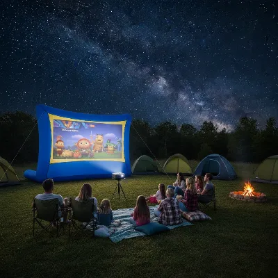 Large inflatable projector screen set up at a camping site under a starry night sky, with people watching a movie