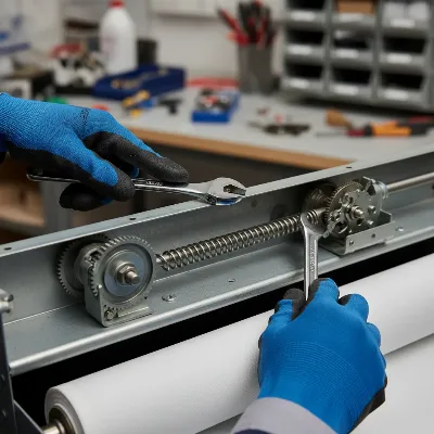 Technician adjusting the spring tension on a manual projector screen.