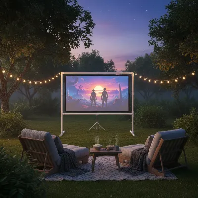 A portable DIY projector screen frame made from PVC pipes with a white fabric screen, set up outdoors in a backyard at dusk.