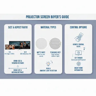 A detailed infographic illustrating key factors to consider when buying a projector screen, including size, material, and tension