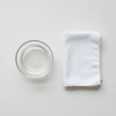 A small bowl with a mild cleaning solution and a damp microfiber cloth, in a clean, professional setting.