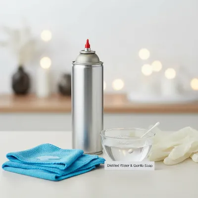 Essential tools for safely cleaning a home projector screen, including microfiber cloths, compressed air, and mild cleaning solution.