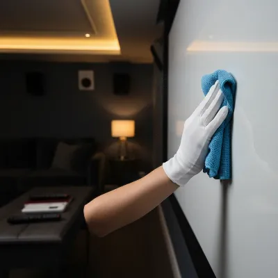 Close-up of a projector screen being gently dusted with a microfiber cloth, in a soft, controlled home theater environment