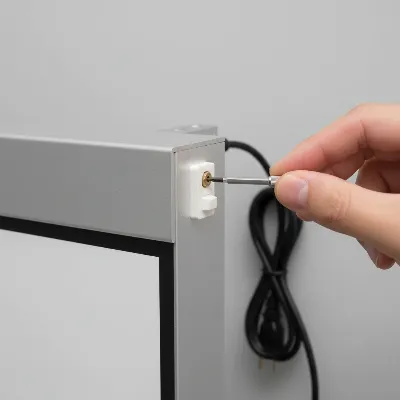 Adjusting the limit switch on a motorized projector screen with a small screwdriver
