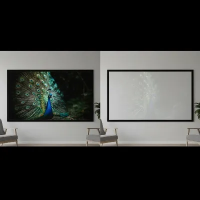A split image comparing a clear, vibrant projection on a dedicated screen next to a slightly less defined projection on a white wall in the same room.