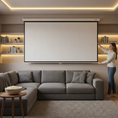 A person gently pulling down a white projector screen in a modern, dimly lit home theater room with comfortable seating and subtle ambient lighting, showcasing the easy setup and sleek design.