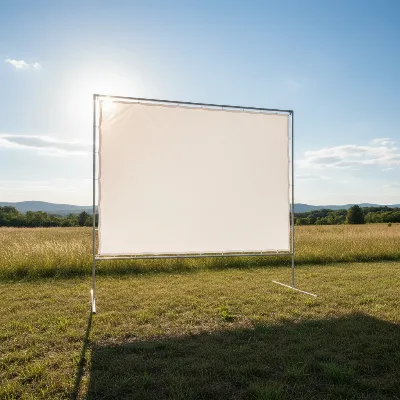 A projector screen hanging outdoors in direct sunlight, or being gently stretched on a frame, to naturally flatten wrinkles.